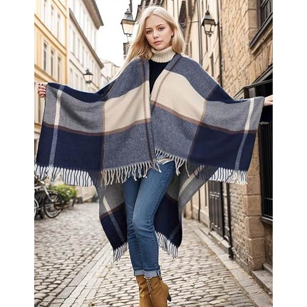 Damkoftor med öppen front, sjal, poncho, kappa, varm, stor, rutig, casual, höst, vinter, marinblå