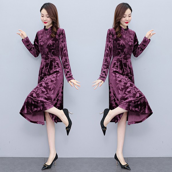 Høst og vinter langærmet Cheongsam kjole High-end temperament elegant kjole kvinners kjoler (lilla 3XL)