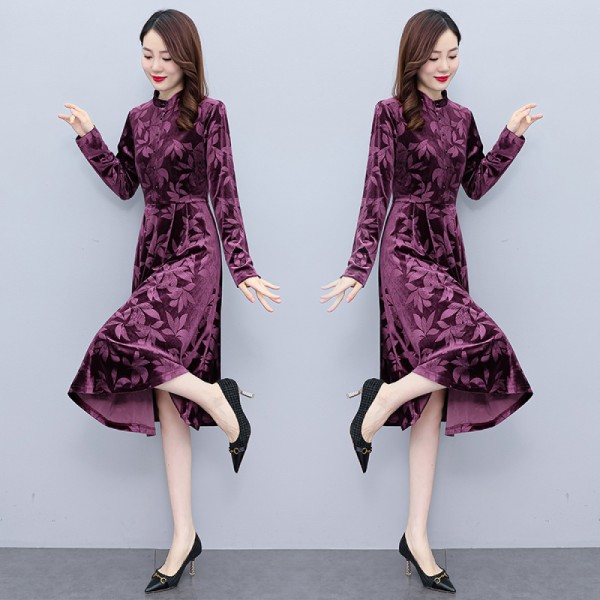 Höst & vinter långärmad Cheongsam-klänning Elegant klänning av temperament för damer (lila M)