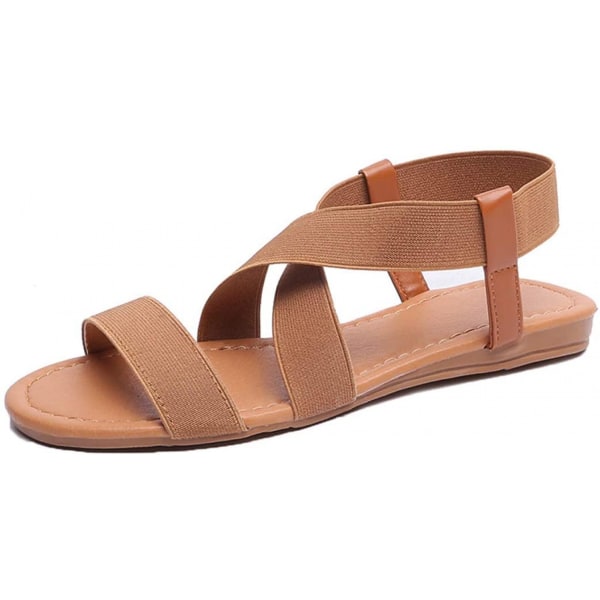Elastiska söta platta sandaler för kvinnor Casual Summer Beach Shoes Sandal Semesterresor Gladiator Sandaler ------ Brun（Storlek 39）