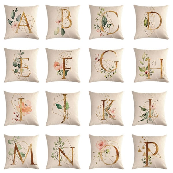 Engelsk alfabet putetrekk gyllent geometrisk blomst lin putetrekk for sofa seng hjemmedekor pute 18 x 18 tommer (bokstav S)