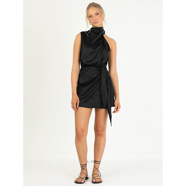 Kvinnors korta klänning satin ärmlös halterneck bodycon cocktail party club klänning(svart S)