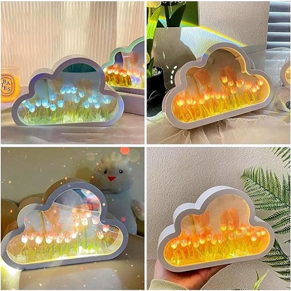 DIY Sky-Tulipan Spejl Natlampe, Kreativ Skrivebords Sky-Tulipan Lampe, Håndlavet Simuleret Blomst Bordlampe til Hjemmet Soveværelser Dekoration