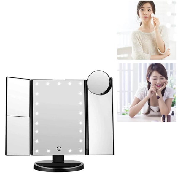 Makeup spejl 3 side foldbar 2X 3X forstørrelse lysstyrke justering LED belyst forfængelighedsspejl