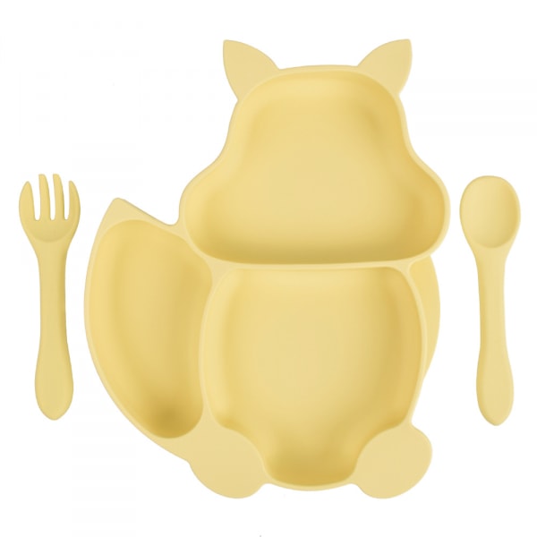 Baby Plate Bowl, Baby Cutlery Set Mini Silicone Dinner Tableware Baby Plate Suction Cup Non-Slip Baby Plate (Plate + Spoon + Fork) Light Yellow