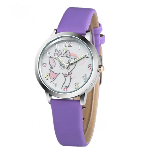 Cute Cat Cartoon Mosaic Watch Child Leather Watches Cat Pattern Watch Women Wristwatches Clock Feminino Girl Watches(Purple)