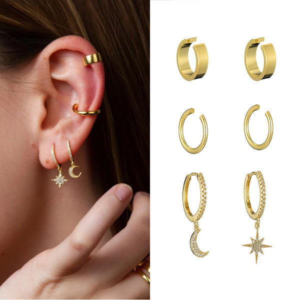 3 stk. Funklende øremanchetter pakke Guld Dainty Helix øreringe Huggie Stud Cuff øreringe til kvinder Øreringsæt | Clip On Brusk