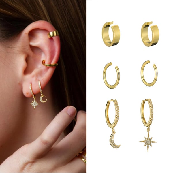 3st Sparkling Ear Cuff pack Gold Dainty Helix Örhängen Huggie Stud Cuff Örhängen för kvinnor Örhängen Set | Klipp På Brosk