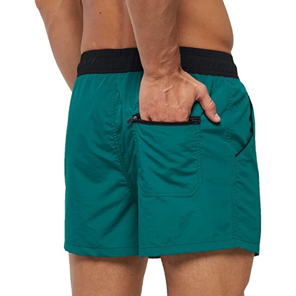 Snabbtorkande badbyxor för män i enfärgade sportshorts med dragkedja bak (mörkgrön)