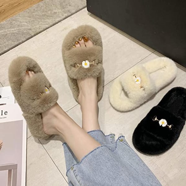 Dam Fluffy Plush Furry Tofflor Öppen Tå Fleece Slip on Tofflor Non Slip Husskor Slides Inomhus Utomhus（Blomma Khaki）