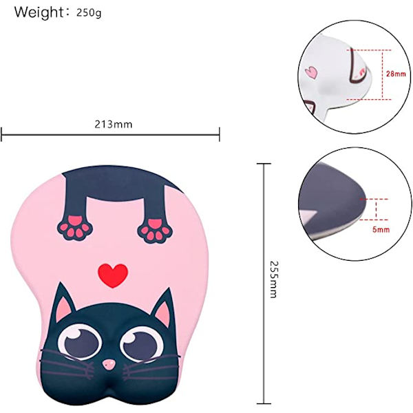 3D-hiirimatto rannetuella, söpö hiirimatto liukumattoman silikonisen anime-kuvan kanssa kotitoimistoon, työskentelyyn, opiskeluun ja helppoon kirjoittamiseen, Kissa Mies