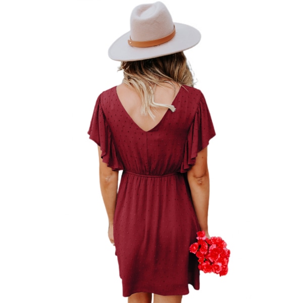 V-ringad volangklänning för damer Sommarsexig flytande gunga Prickade strandklänningar med kort fladdrande ärm --- Vinröd (Storlek XL)