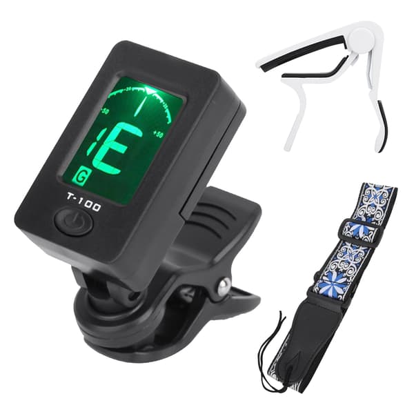 Klassisk gitarr C102 sträng + T-100 stämapparat + vit zinklegerings capo + blå broderad gitarrrem set