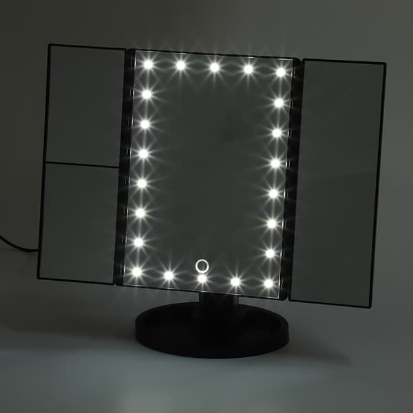 Tri Fold 22 LED Lys 360° Roterende USB Opladning Makeup Spejl Bordplade Touch Screen Sort