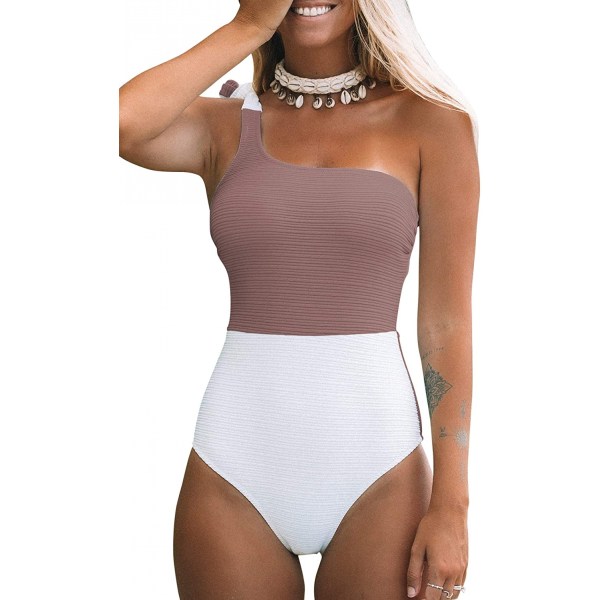 Women's One Piece Swimsuit Color Block One Shoulder Bowknot Bathing Suit, Coffee White, L