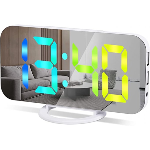 Speglad Stor Display Klocka, 2 Usb Laddningsportar, Automatisk Dimning, Lämplig För Skrivbordsväckarklockor För Tonåringar Och Barn, Vit