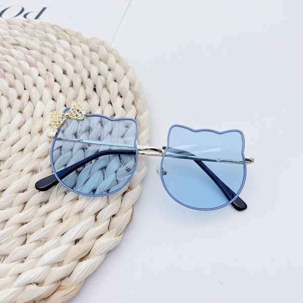 Kids Cute Bow Accented Metal Girls Cat Shaped Sunglasses, Light Blue