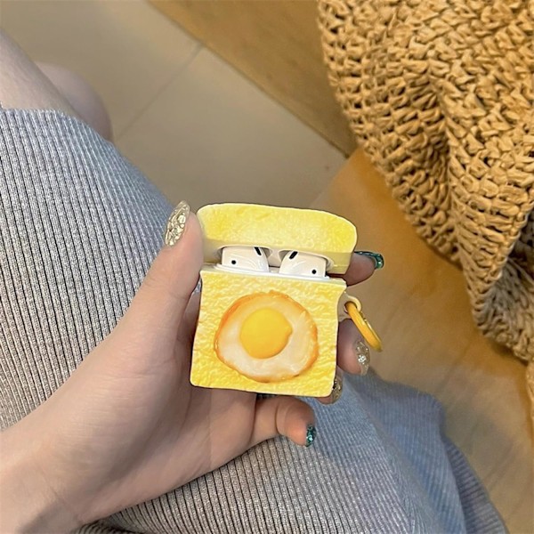 Etui Kompatibelt med Airpods 1 & 2, 3D Sødt Kawaii Æg Toast Design Nøglering Etui Cover, Bærbart Øretelefon Tilbehør Blød Silikone