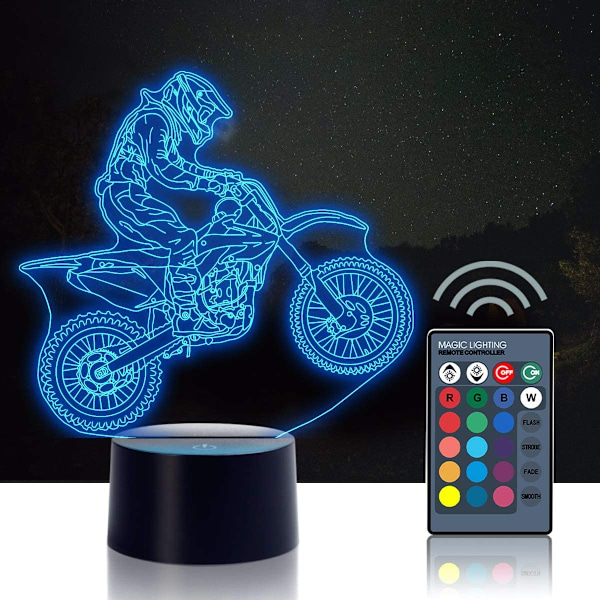 3D Natlys, Cross Country Motorcykel 3D Natlampe, 16 Farveskiftende Lys med Fjernbetjening Legetøj til Soveværelse Hjemmedekoration