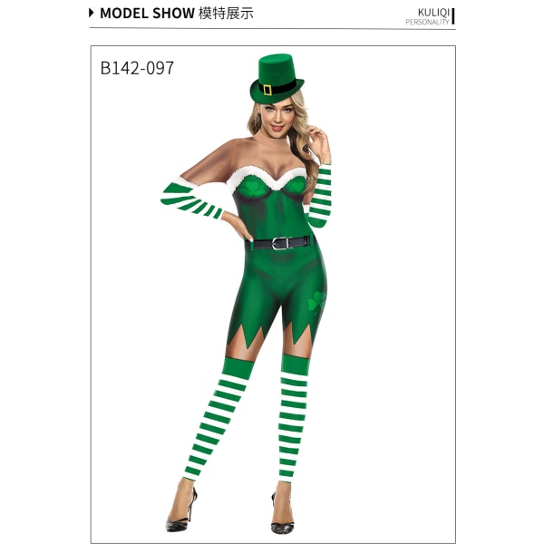 St. Patrick's Day Europeisk och amerikansk festival parad karaktär dress up 3D digital utskrift grön hatt festival prestanda jumpsuit kvinnlig S