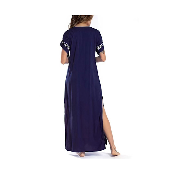 Kvinde Broderi Kortærmet Bikini Badetøj Cover Up Side Split Strand Kaftan Kjole