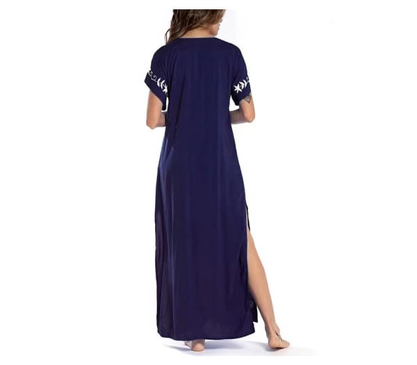 Kvinnors broderade kortärmade bikini baddräkt cover up sid split strand kaftan klänning