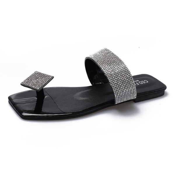 Pin-toe platta sandaler Dam ytterkläder med sommar fyrkantig huvud strass fe stil ----- Svart （Storlek 42）