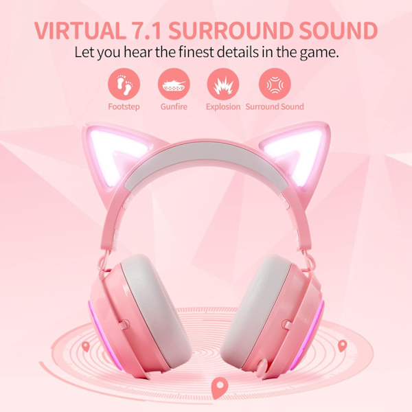 GS510 Kattöron Headset Trådlöst Gaming Headset för PS5/ PS4/ PC, Rosa Headset 2.4G med Retractable Mic, 7.1 Stereo Ljud, 8 Timmars Spela