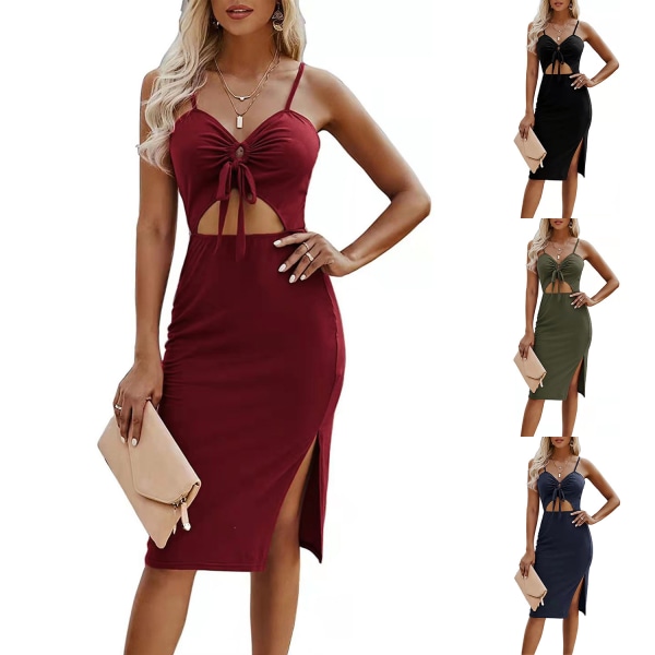 Dam Sexig bomullsrem Djup V-ringad Outfits Klänning Enfärgad Crop Top High Split Maxiklänningar, Grön (M)