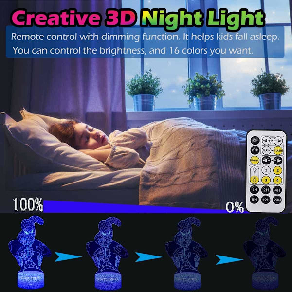 WJ 3D Illusion LED-lampe Superhelt 3D nattlys for barn 16 farger skiftende berøring og fjernkontroll dekorlampe for gutter jenter julegaver Spindelmannen