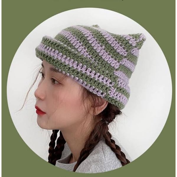 Kvinde Y2K Djævel Striber Vinter Tyk Strikkede Hue Hat, Katteøre Hæklet Slouchy Koreansk Skully Cap Fleece Uld Hat Purple