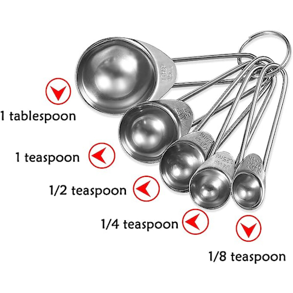 Måleskeer, rustfrit stål 5-delt måleske sæt - 1/8 tsk, 1/4 tsk, 1/2 tsk, 1 tsk & 1 spsk til måling af tørre og flydende ingredienser