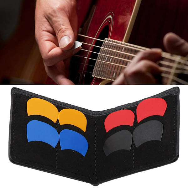 Bärbar Mini Gitarr Plektrumhållare Väska med 8 st Färgglada Plektrum (Svart)