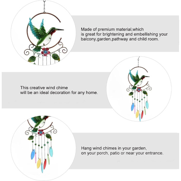 Färgglada Kolibri Vindspel, Trädgårdsglas Vindspel för Hem, Fest, Festival Dekoration, Trädgårdsdekoration Inomhus/Utomhus, Livlig hummingbird