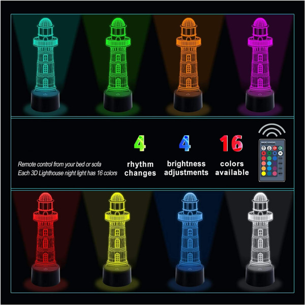 3D Optical Illusion Lighthouse Lighthouse Night Lights, 3D Lighthouse Lamp 16 färgvariationer, Smart Touch-knapp USB och power, fantastisk kreativ konst