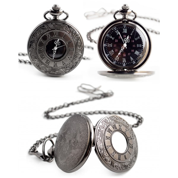 Vintage romerska siffror skala kvarts watch med kedja, svart