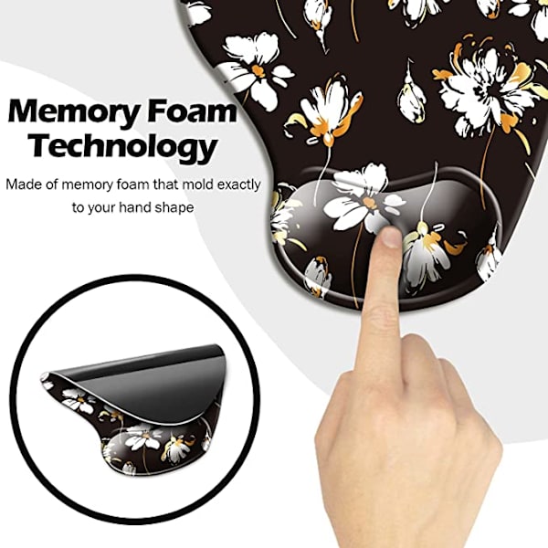 Ergonomisk musmatta med handledsstöd, söta musmattor med halkfri PU-bas för hemmakontor, studier, enkel skrivning och smärtlindring, gyllene blommor