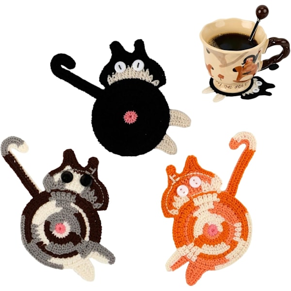 Kattgaver for Katt-elskere 3 stk Katt-underlag Vevd Kreativ Søt Katt-underlag Isolasjonsunderlag Kaffe og Te-underlag Skrivebordsgaver