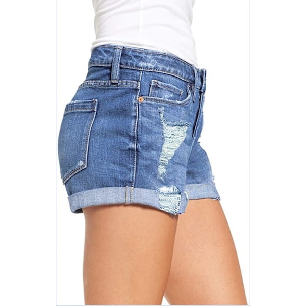 Dame Ripped Denim Jean Shorts  Stretchy Folded Hem Short Jeans --- Lyseblå （Størrelse M）