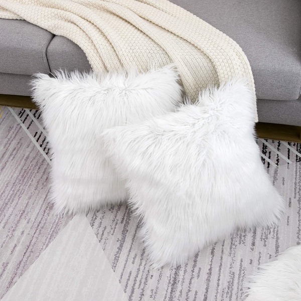 Set med 2 vita dekorativa fluffiga kuddfodral Nya lyxserie Merino Style Faux Fur Throw Pillow Covers Kvadratisk Fuzzy Cushion Case 16x16 tum