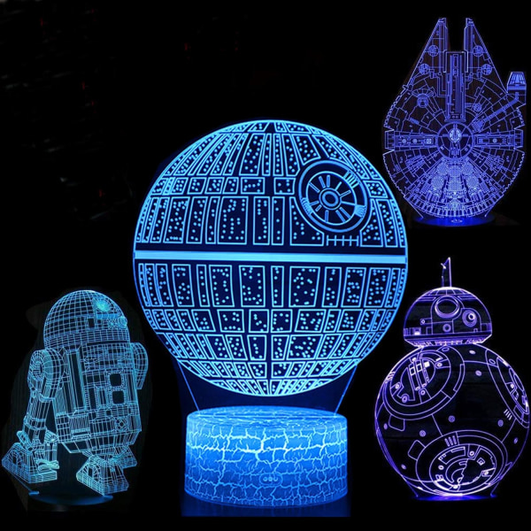 4-pak 3D LED natlampe Star Wars illusion dekorationslampe 16 farver gradvis skiftende berøringskontakt med fjernbetjening til børn Star Wars Combo Pack-E