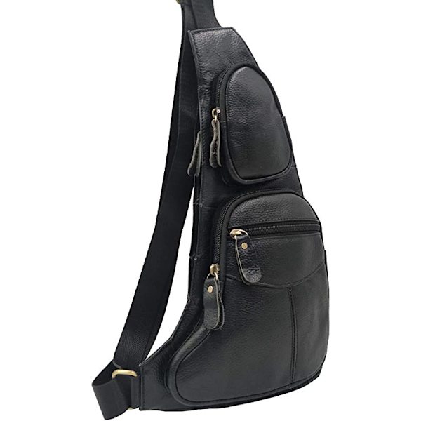 Læder Sling Bag Messenger Bag Mænd Damer Rejser Udendørs Sport Vandreture Camping Skuldertaske Dag Pakke Rygsæk sort