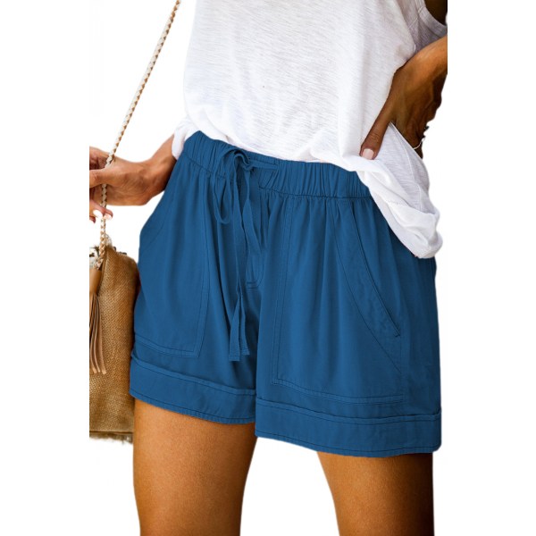 Casual Shorts för kvinnor, bekväma dragsko med elastisk midja sommarshorts med fickor --- Blå （Storlek 2XL）