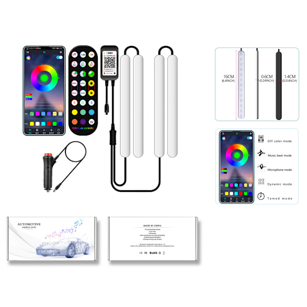Bluetooth fot-aktiverad LED-bilrytmlampa-Y11 [Bluetooth APP + knapp + fjärrkontroll] svartvitt skal (ett set)