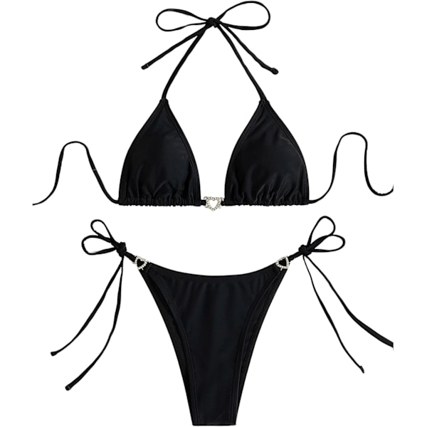 Kvinnors Halterneck Tie Side Triangle Bikini Set Hög Skuren 2 Delad Bikini Baddräkt Rhinestone Black L