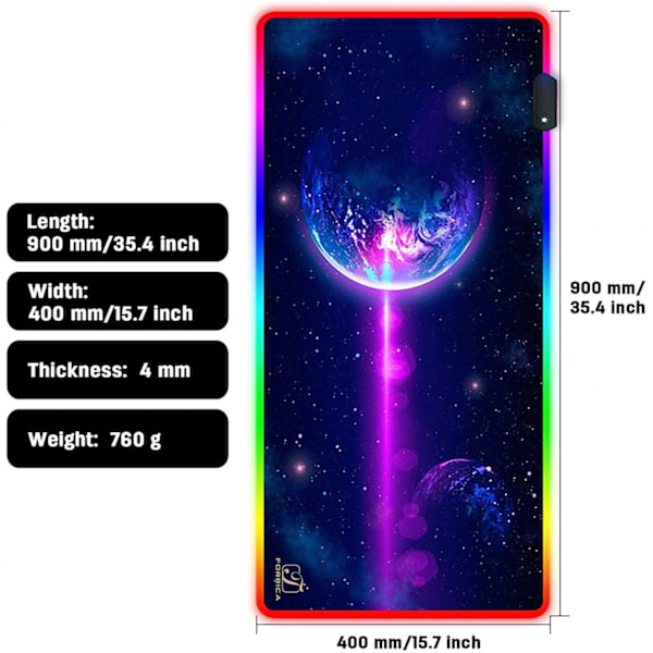 Gaming Musematte RGB 900 x 400 x 4 mm XXL Stor Musematte Frynsløse Kanter Vanntett Skrivebordsunderlag Bordunderlag Kontor Sklisikker Gaming Musematte