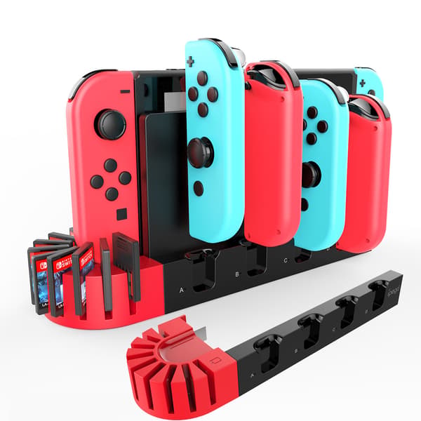 Oplader til Nintendo Switch med 4 porte til Joycons, Controller, Gamepad, Ladestation, Dock Station, Holder til Switch-konsol, Oplader, 9 spil slots