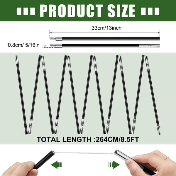 2 STK. Formonteret Glasfiber Teltstang Erstatning, til Vandring, Udendørs, Backpacking, Sort 12FT