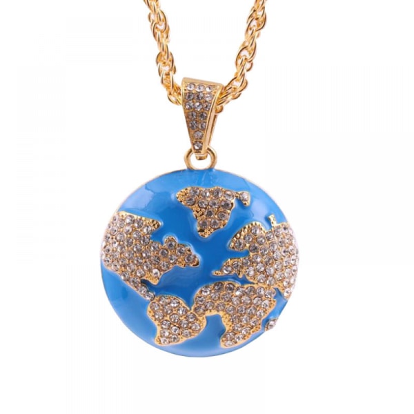 3D Earth Halsband Män, Hiphop hänge Diamantsmycken, Smycken Journey Map Halsband (guld)
