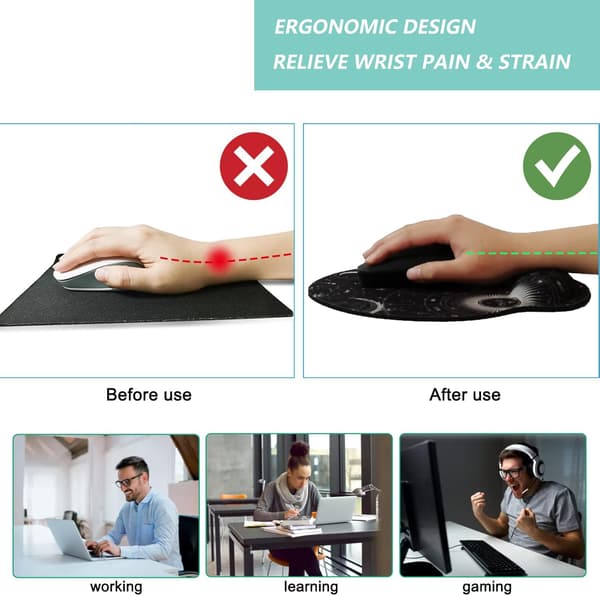 Musematte med håndleddstøtte, ergonomisk musematte med minnefoam håndleddstøtte, sklisikker gummi bunn spillmusematte for hjemmet